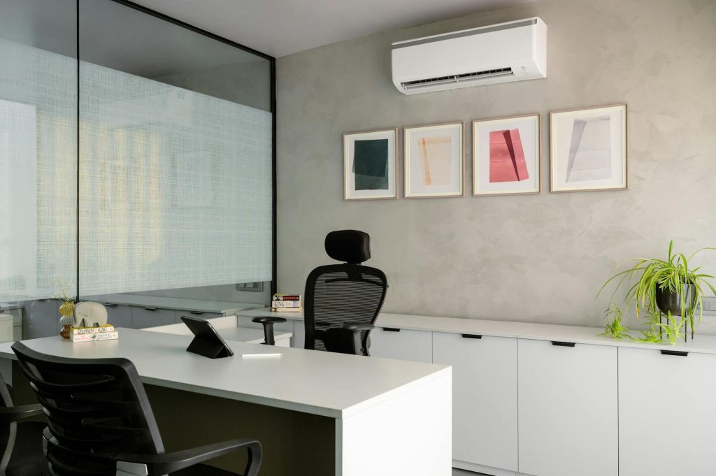 Modern minimalist office interior with a clean professional desk